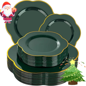 Liacere 50PCS Green Plastic Plates - Heavy Duty Disposable Plate-Green and Gold Include 25PCS Dinner Plate, 25PCS Dessert Plates for Easter&Baby Shower Gifts & Chrismas &Christmas