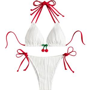Verdusa Women's 2 Piece 3D Cherry Color Block Bikini Sets Halter Neck Tie Cute Swimsuit Bathing Suit (White) S