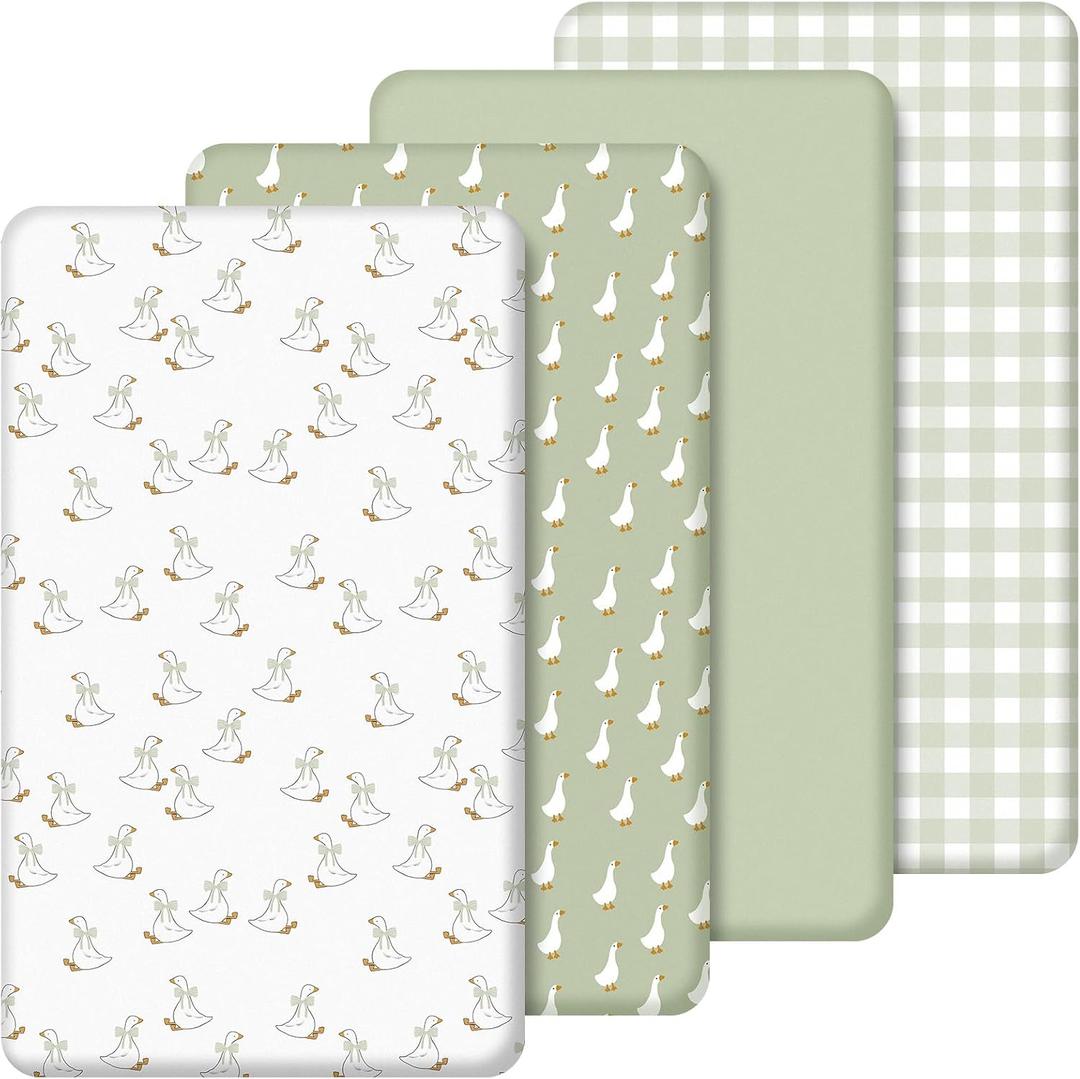 SmoothNovelty 4 Pack Silly Goose Crib Fitted Sheet for Boys Girls - 52" x 28" Fitted Baby Sheet with Goose and Gingham Style for Standard Mattress Gift Set, Microfiber & Soft Breathable(Green)