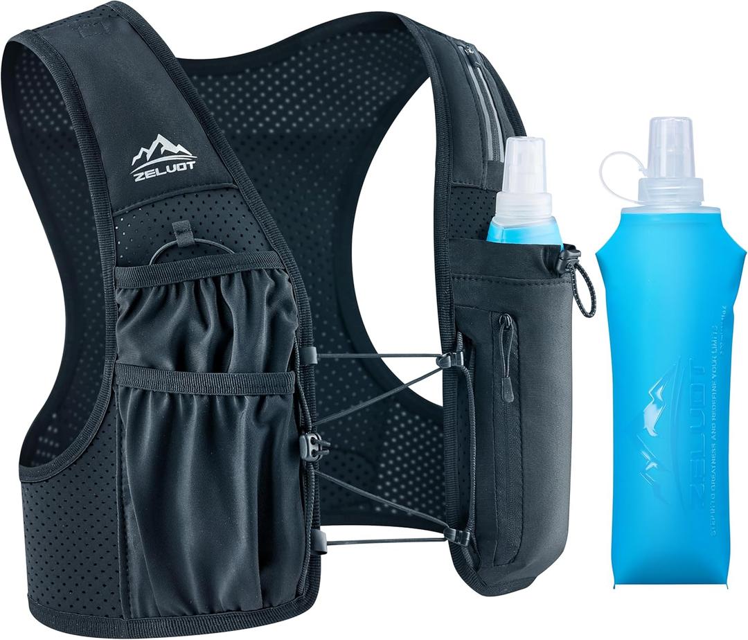 Running Vest for Women Men, USA Original Patent, Adjustable Chest Straps Running Hydration Vest with 500ml Soft Flask, Lightweight Reflective Hydration Backpack for Hiking Marathon (Black, M/L)