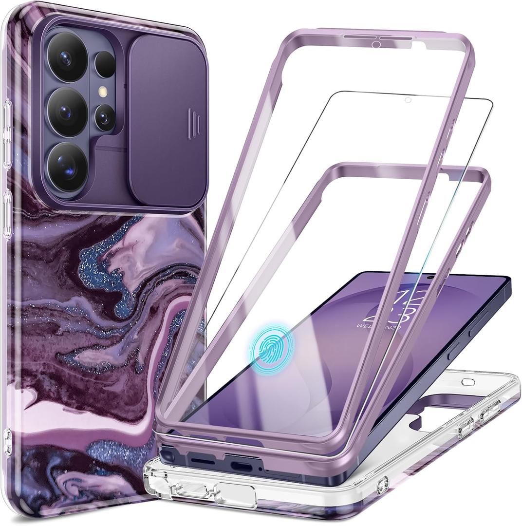 GVIEWIN for Samsung Galaxy S26 Ultra Case, [Slide Camera Cover & Built-in HD Screen Protector] [2 Front Frames] Shockproof Military Grade Protective Marble Phone Case S26 Ultra 6.9" (Quicksand/Purple)