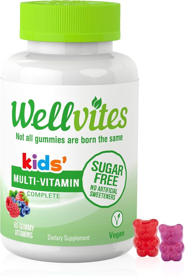 Wellvites Kids Multivitamin Gummies - Sugar Free, Vegan, Non-GMO, Vitamin A, D, B6, B12 and C - No Artificial Sweeteners, Gluten-Free, Gelatin-Free - 60 Count (30 Day Supply), BB: 08/2027