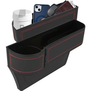 Car Seat Gap Filler Organizer, Multifunctional Car Seat Organizer with Adjustable Cup Holder, Leather Car Seat Gap Storage Box for Holding Phones, Coins, Cards, Keys, Pens (Black)
