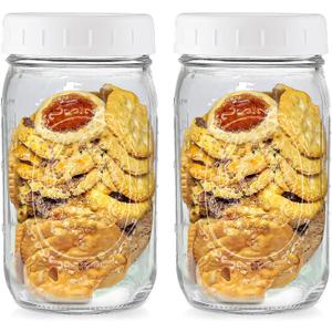 Wide Mouth Mason Jars 32 oz - (2 Pack) - Wide Mouth 32-Ounces Quart Mason Jars with White M.E.M Food Storage Plastic Lids - For Storage, Canning, Freezing, Leak Proof, Microwave & Diswasher Safe