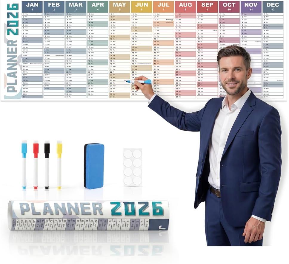 2026 Wall Planner Large 47.2"x16.5"  Double-Sided Laminated Year Calendar with Rolled Packaging, No-Crease Design, 8 Stickers  Home Office Wall Organiser, Business Colours