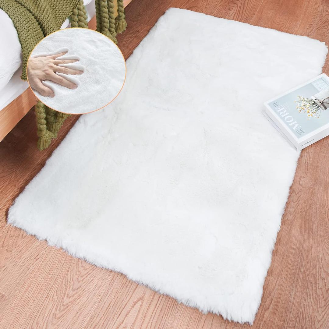 ORINOVA White Faux Bunny Fluffy Fur Rug Washable Area Rugs for Living Room Nursery Rugs for Bedroom 2x3 Rectange Rug Cute Home Decor