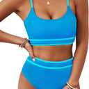 BMJL Women's High Waisted Bikini Ribbed Two Piece Swimsuit High Cut Color Block Adjustable Straps Bathing Suit (Small, Blue043)