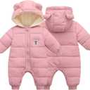BYFRI Baby Boys Girls Snowsuit Newborn Cozy Winter Coat Infant Bear Hooded Jumpsuit Toddler Snow Outfit for 0-24 Months (Pink)