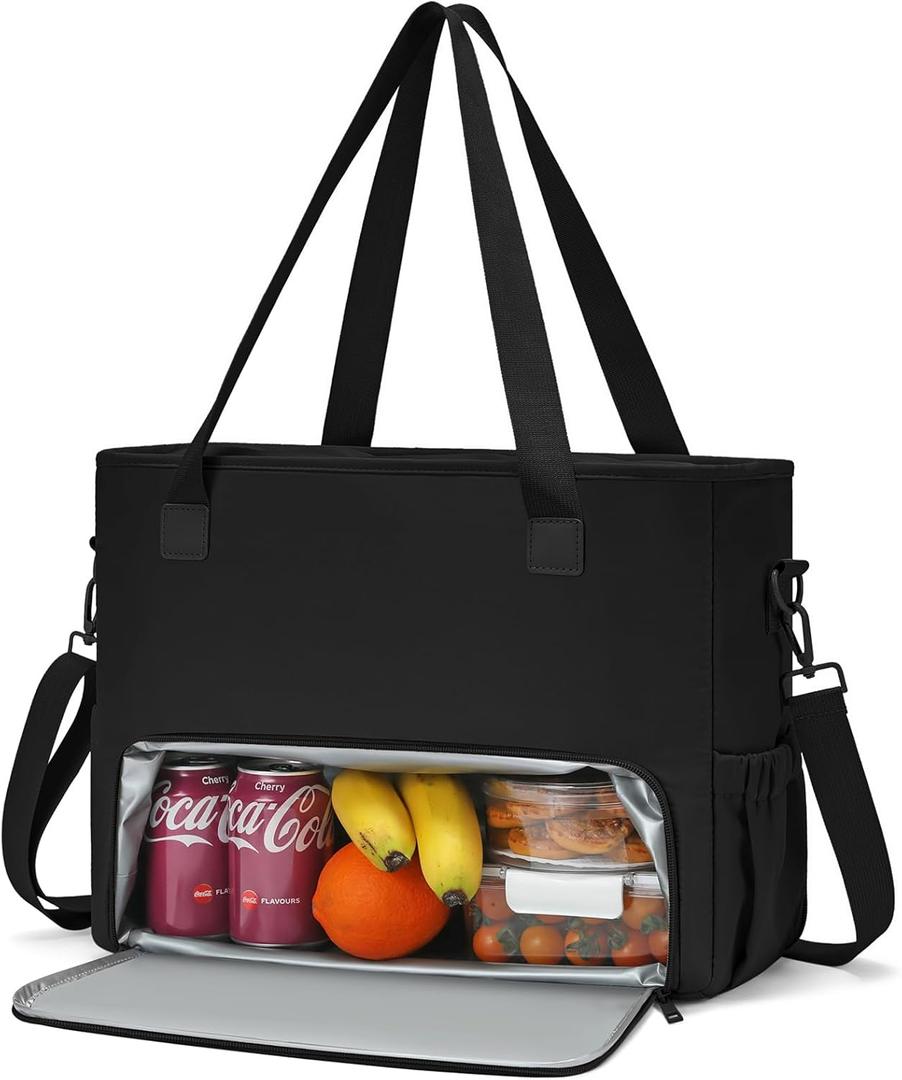 Lunch Tote Bag for Women, Teacher Tote Bag 15.6 inch Laptop Bags with Insulated Lunch Compartment, Casual Canvas Work Bag Nurse Bags Computer Messenger Bag, Laptop Briefcase for Office, Travel, Black