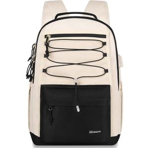 MOMUVO Classic Backpack for Women, Lightweight High School Bookbag for Teens Girls, Waterproof 15.6 Inch Laptop Bag with USB Charging Port for College Work Travel Trip, Black & Beige
