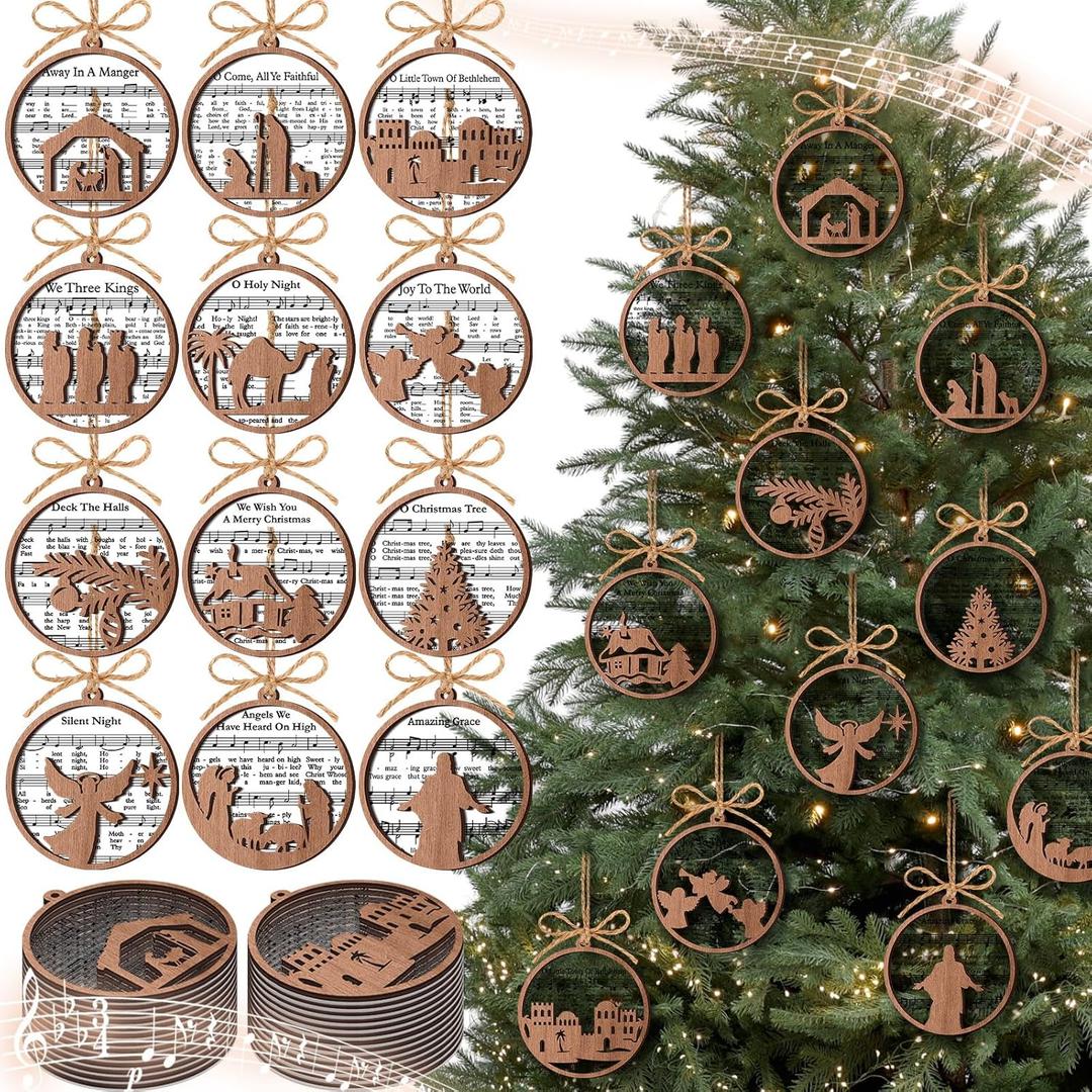 24 Pack Wooden Nativity Scene Ornaments - Christmas Gifts with Religious Catholic Themes, Jesus Ornaments for Tree