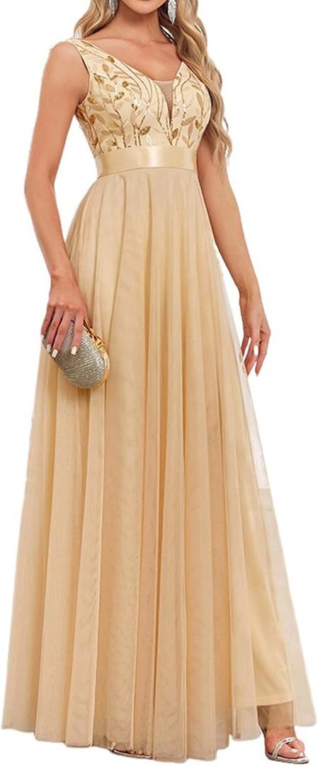 Women's Formal Dresses Long Evening Gowns Tulle V Neck Sleeveless Sparkly Sequin Cocktail Party Wedding Guest Dress, Medium 