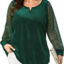 SCOMCHIC Women's Plus Size Blouses Long Sleeve V Neck Sparkly Sequin Velvet Top Dressy Casual Loose Shirts Party Tops (XX-Large Plus, Emerald Green)
