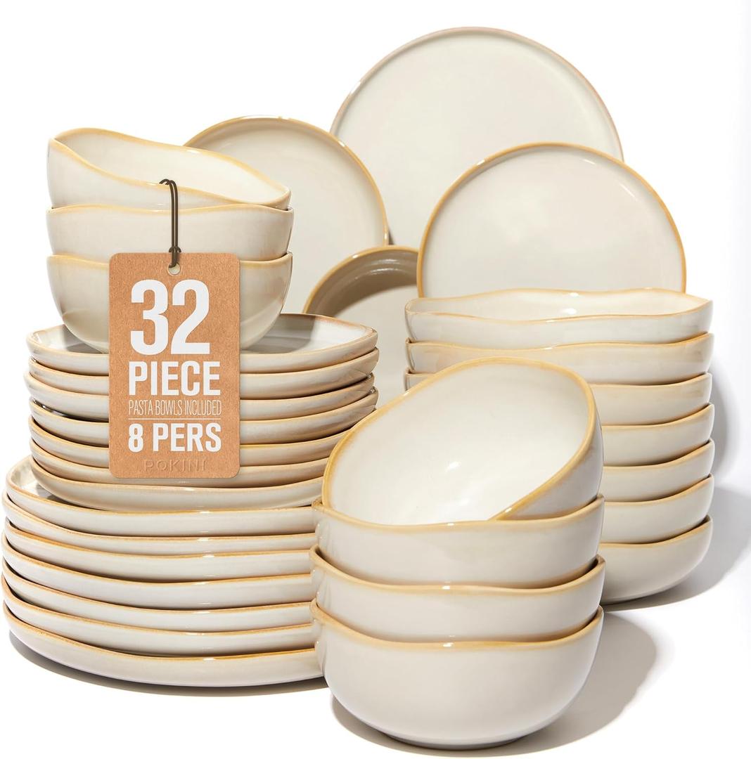 Pokini 32 Piece Dinnerware Set for 8 with Pasta Bowls, Yellow White Reactive Glaze Stoneware | All‑in‑One Host Set for Entertaining, Holiday Meals, Multi‑Course Dish Set | Unique Irregular Look