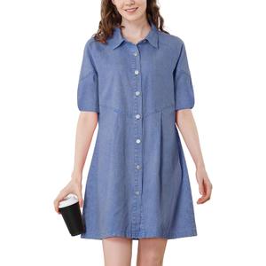 Women's Denim Shirt Dress 3/4 Long Sleeve Button Down Babydoll Jean Shirt Dresses (Medium)