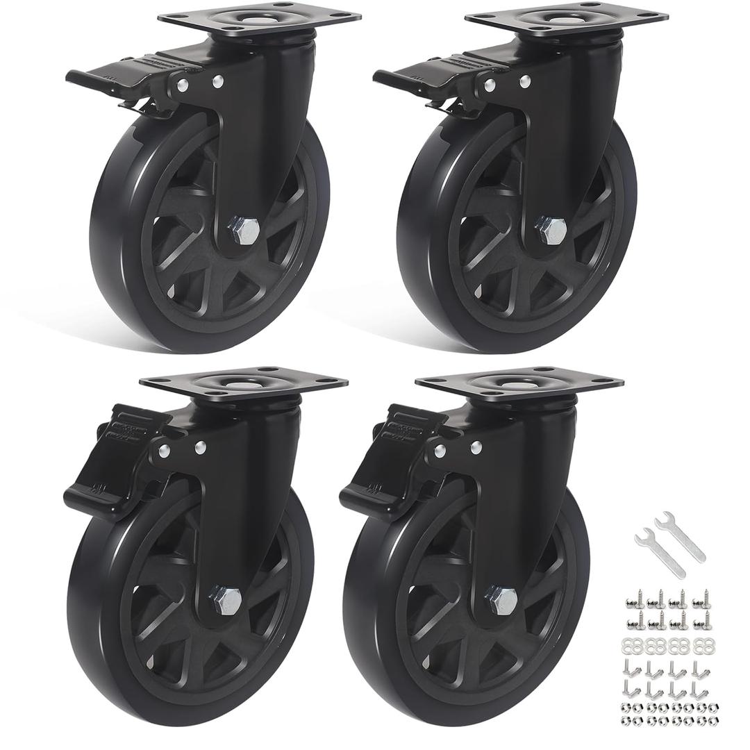 Heavy Duty Casters Set of 4, 6 Inch Swivel Caster Wheels with Brake, Large PVC Wheels for Workbench, Warehouse Equipment, CNC Machine Mobility (Hardware Included)
