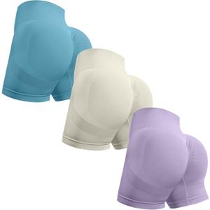 OVESPORT 3 Piece Workout Shorts for Women Seamless Scrunch Butt Lifting High Waisted Yoga Gym Booty Running Short Pants (Blue, XL)