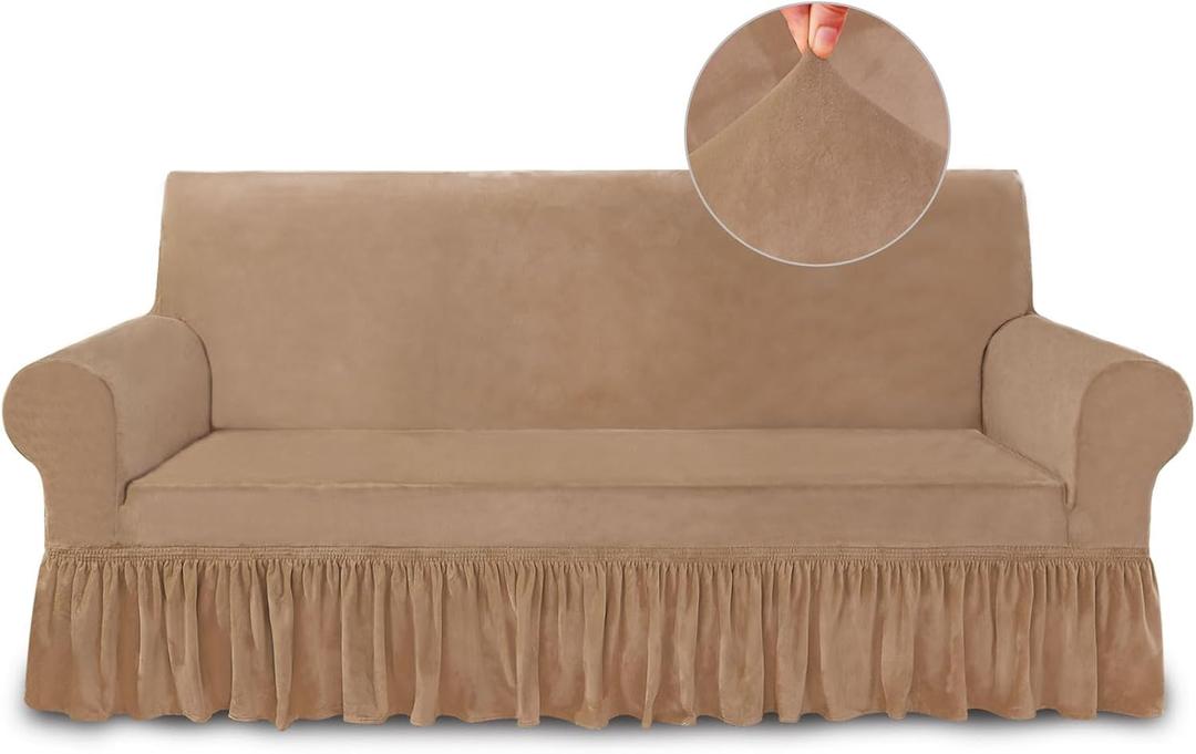 NICEEC Sofa Cover Super Soft 1-Piece Light Coffee Sofa Slipcover for Sofas Stretch Universal Spandex Couch Covers for Living Room Easy Fit Washable Furniture Sofa Protector with Skirt