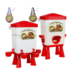 Erinaik Chicken Feeder and Waterer Set, 3 Gallon/16 LB Automatic Poultry Feeding System with Hanging Option, No Waste Feeder Ports & Water Cups, BPA-Free, Ideal for Hens Ducks and Poultry (RED2)
