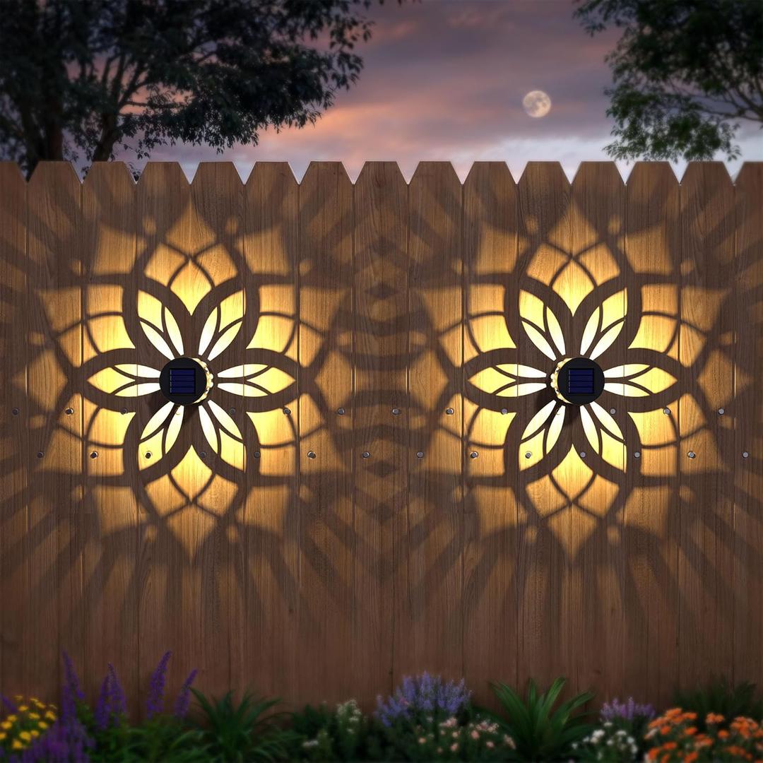 2 Pack Solar Fence Lights Metal Solar Powered Outdoor Wall Deck Step Lights Mandala Theme Waterproof Fence Light for Garden Post Patio Backyard Yard Decor, Gardening Gifts for Women Mom Grandma