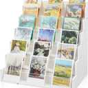6 Tier Greeting Card Display Stand White Bamboo and Acrylic Sticker Display Stand Trading Card Holder Retail Photos Shelf for Vendors Craft Collection & Show