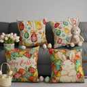 Eggs Bunny Flowers Carrots Rabbit Easter Pillow Covers Throw Pillow Cases Set of 4 Decorations for Farmhouse Home Sofa Couch Cushion Cover Party Holiday Decor 16x16 Inch