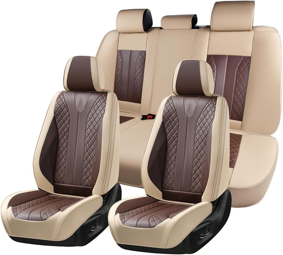 FLORICH Front and Back Seat Covers for Cars Leather Car Seat Cover Full Set 5 Seats Waterproof Seat Protector Automotive Seat Covers Carseat Cover Universal Fit for Most Cars SUV Trucks, Beige&Coffee