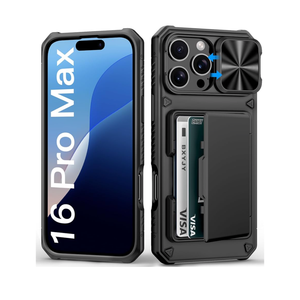 for iPhone 16 Pro Max Case Wallet, Built-in Card Holder (4-5 Cards), Slide Lens Cover, Military Drop Protection, Rugged Heavy Duty Men Women Protective Phone Case for iPhone 16 Pro Max, Black