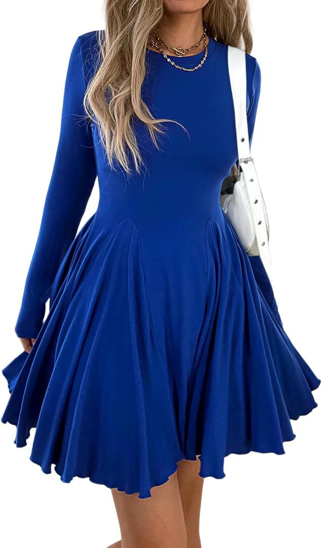 Womens Long Sleeve Casual Swing Dress  A-Line Fit and Flare Skater Dress, Stretchy Mini Dress for Fall Winter