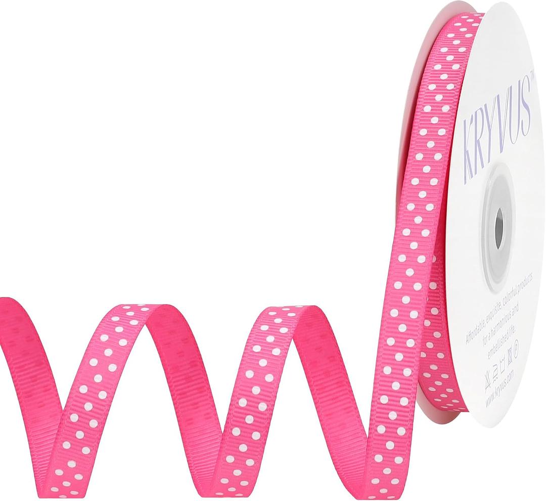Hot Pink Polka Dot Grosgrain Ribbon, 3/8 Inch x 25 Yards Hot Pink Grosgrain Ribbon with White Dots, Polyester Craft Ribbons for Hair Bows, Gift Wrapping, Spring Easter, Wedding, Sewing & DIY