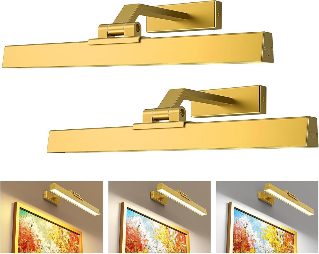 Afyuol Picture Lights for Wall, Battery Operated Picture Light 16in Art Light CCT Dimmable Recharging Battery Wall Light with Remote Control for Living Room Gallery Gold 2PCS