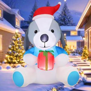 COMIN 5 FT Christmas Inflatables Outdoor Decorations Inflatable Dog with Gift Box Blowups with Built-in LEDs for Yard Party Garden Lawn Decor