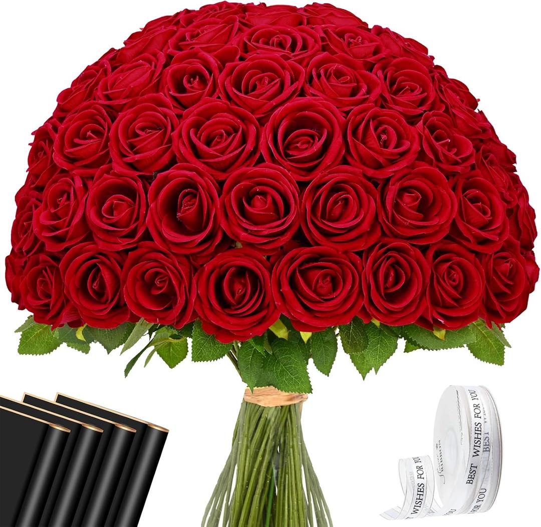 Waipfaru Red Roses Artificial Flowers Bulk, Real Touch Velvet Roses with Wrapping Paper, 50 Pcs Fake Flowers for Wedding Centerpieces Bridal Bouquet Valentines Mothers Day Decor