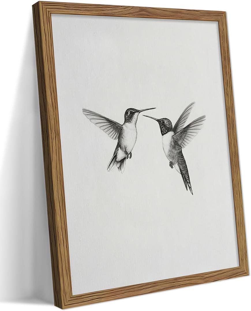 Vintage Wall Art Framed Hummingbird Canvas Print, Modern Farmhouse Birds Wall Decor, Living Room Sketch Painting Picture, Minimalist Black and White Bird Bedroom Decor – 16x24 inch