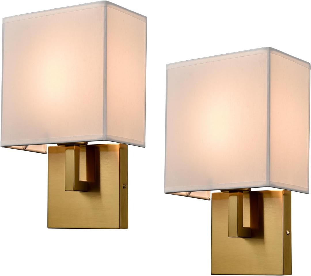 YUBOLE Gold Wall Sconces Mid Century Wall Light with Linen Shade Set of 2 Lamps Wall Mounted for Bedroom Stairway Indoor or Hotel-Hardwired