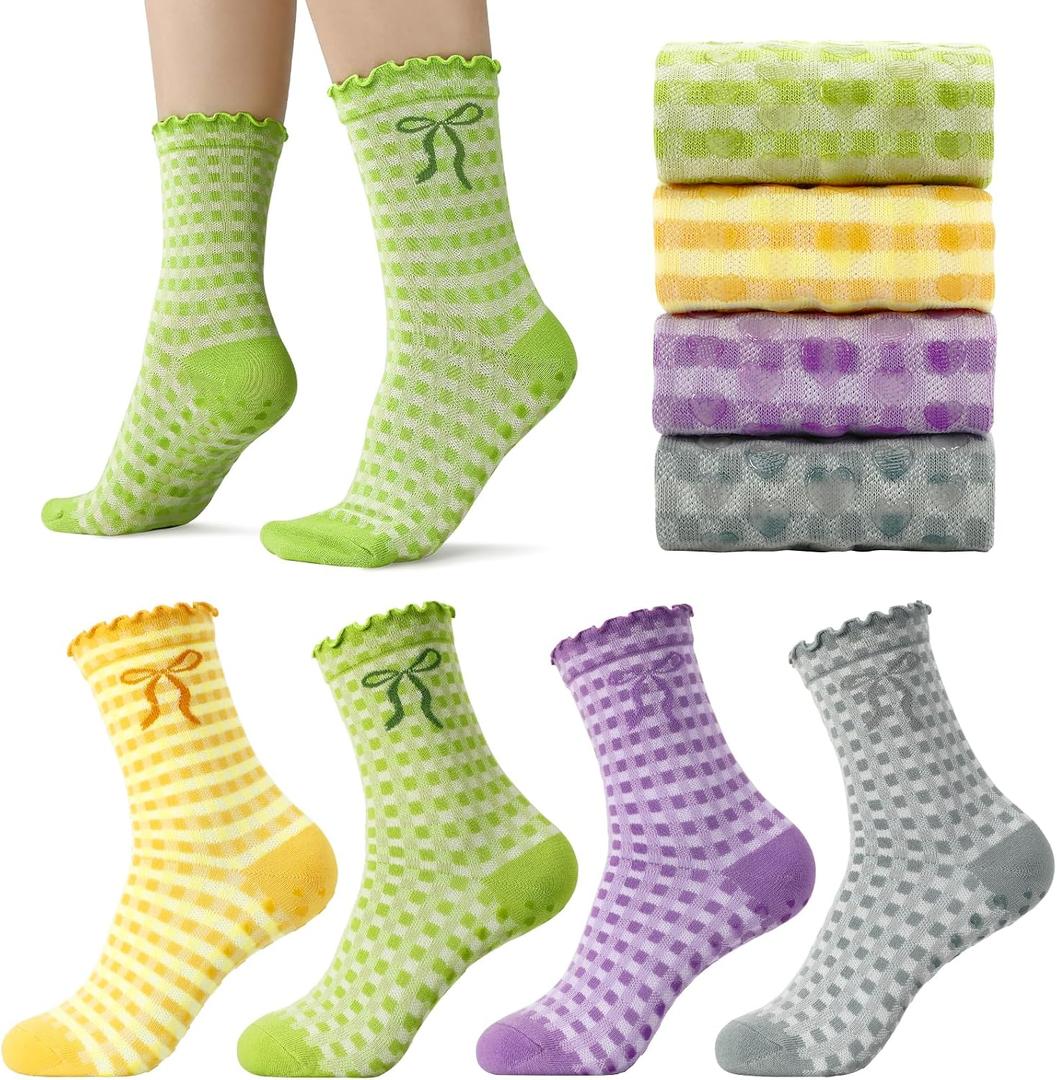4 Pairs Women Cute Pilates Socks Non Slip Ruffle Yoga Socks for Women Dance Gym Exercise Embroidery Pattern
