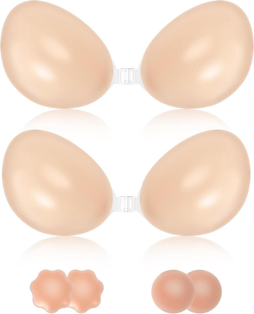 Sticky Push Up Bra for Women,Adhesive Invisible Silicone Lift Bra with Reusable Nipple Covers for Backless Dress Beige (Beige)