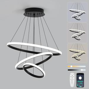 Modern 3 Ring LED Chandelier, 20 inch Black Dimmable Ring Pendant Light, APP & Remote Controlled Smart Ceiling Light, Adjustable 3000K6000K for Dining Room Living Room Bedroom (PL01-BK)