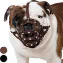 CollarDirect Leather Basket Dog Muzzle for Boxer, English American Bulldog Secure Anti-Barking Biting Chewing Adjustable Breathable (Brown)