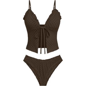 seamoly Women's Tankini Sets Tie Front Ruffle Bikini Set High Cut Thong Two Piece Swimsuit Floral Gingham Bathing Suit (X-Large, Coffee)