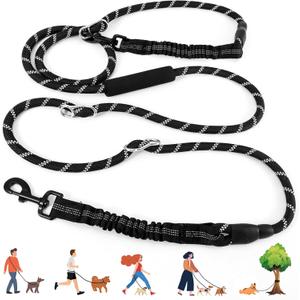 Heavy Duty Hands Free Dog Leash, 10FT Adjustable Handsfree Dog Training Leash with Shock Absorbing Bungee, No Pull Tangle Free Reflective Body Waist Leash for Dog Walking Running (Black)