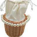 Rustic Wicker Rattan Wedding Flower Girl Baskets,Woven Rattan Storage Basket with Pearl Handles,Woven Eggs Candy Basket for Wedding Home Garden Decor (B)