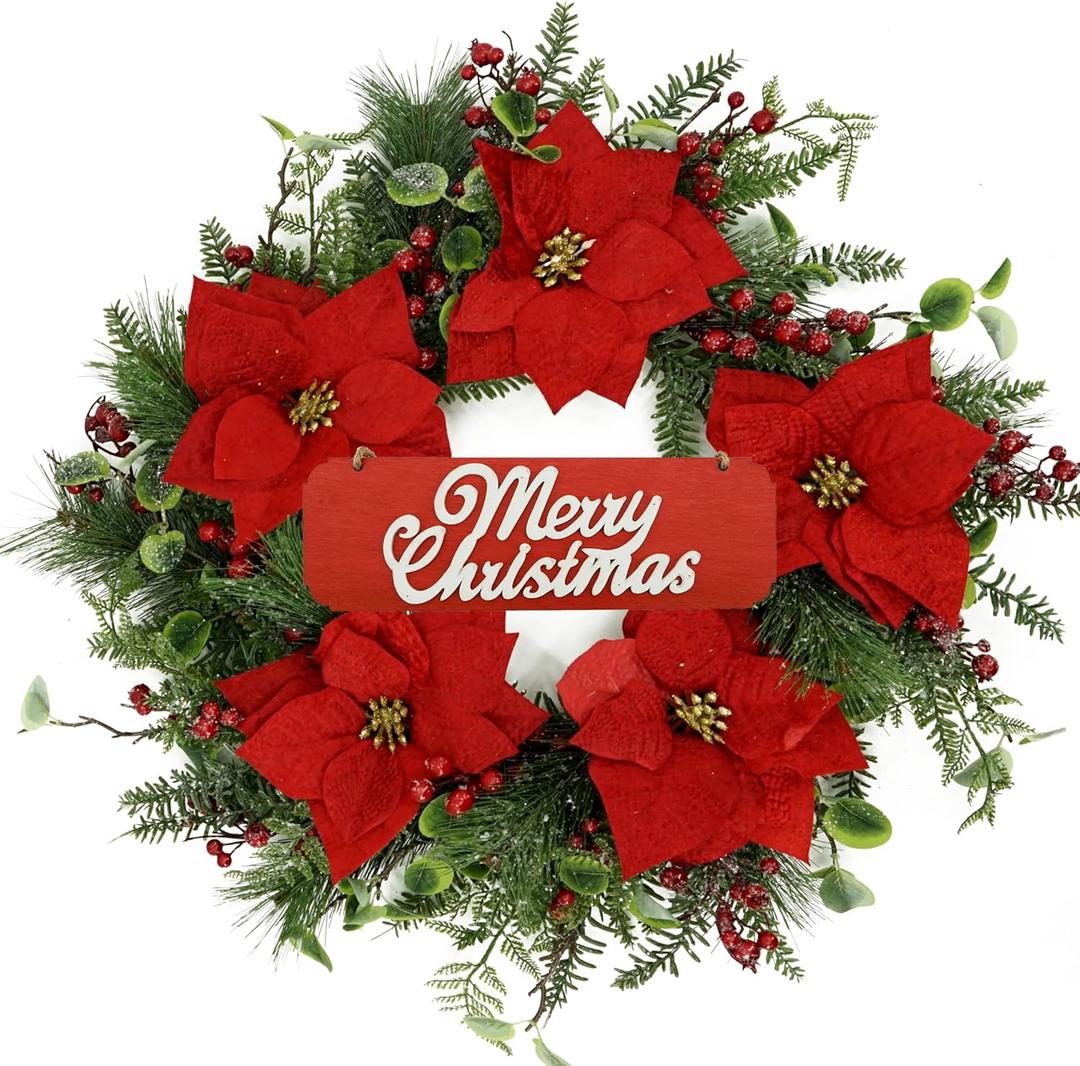 Christmas Wreaths for Front Door,Artificial Winter Wreath with Pine Needles,Eucalyptus Leaves and red Poinsettias with Plump Pine and red Berries, Wreaths for Indoor Wall Window Decor.