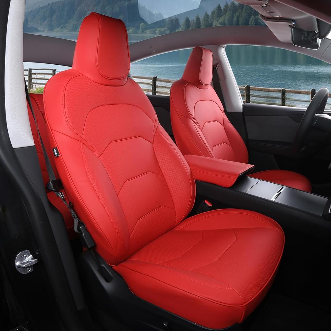 Tesla Model Y Juniper Seat Covers 2025+(NOT for 2026 Standard RWD/AWD) Full Coverage Nappa Leather Car Seat Cover Interior Full Set Accessories Airbag Compatible Custom Fit(Red)