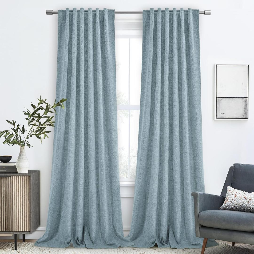 Dusty Blue 9 FT Long Linen Blackout Curtains with Back Tab and Rod Pocket Thermal Insulated Privacy Drapes for Bedroom 2 Panels 108 Inches Long Ceiling to Floor Length Curtains for Living Room