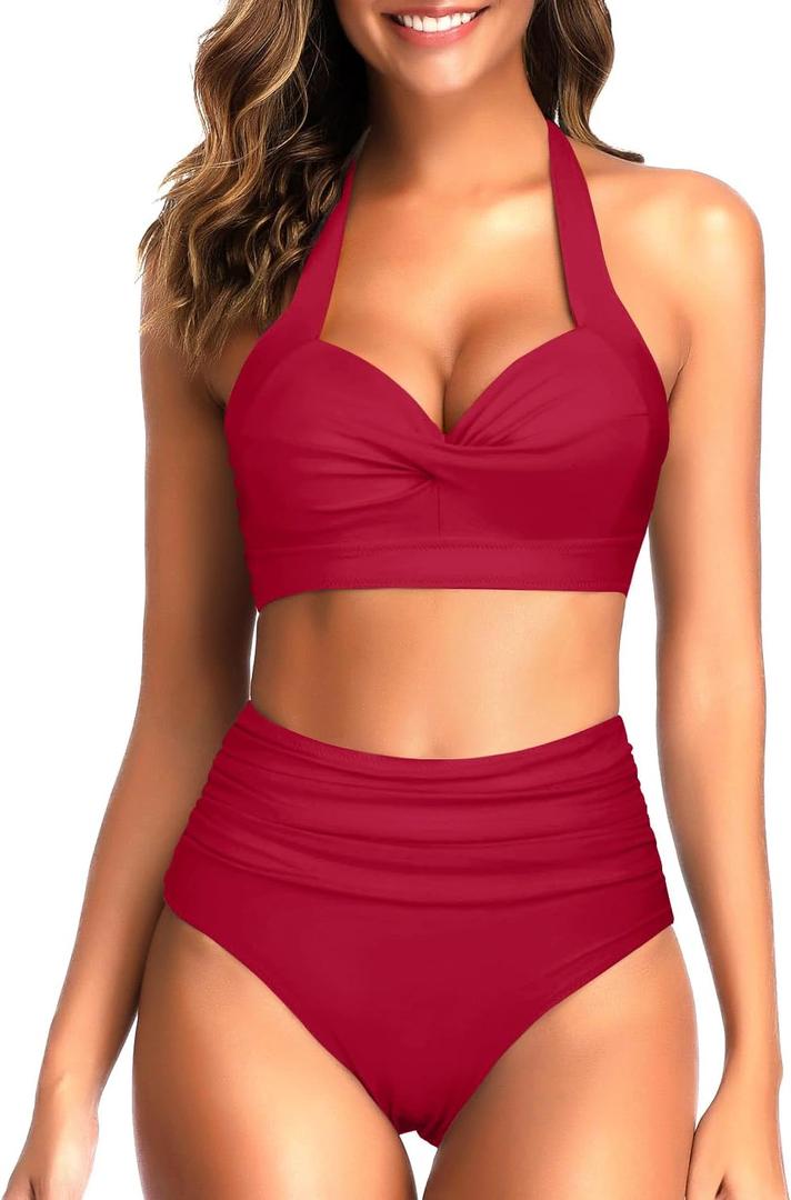Tempt Me Women Two Piece Vintage Swimsuit Retro Halter Ruched High Waist Bikini with Bottom (Large, Red)