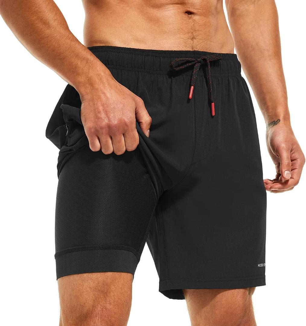 HODOSPORTS Mens 7" Swim Trunks with Compression Liner S-6XL Quick Dry Swimming Shorts Zipper Pockets Swimsuits (Black, S)