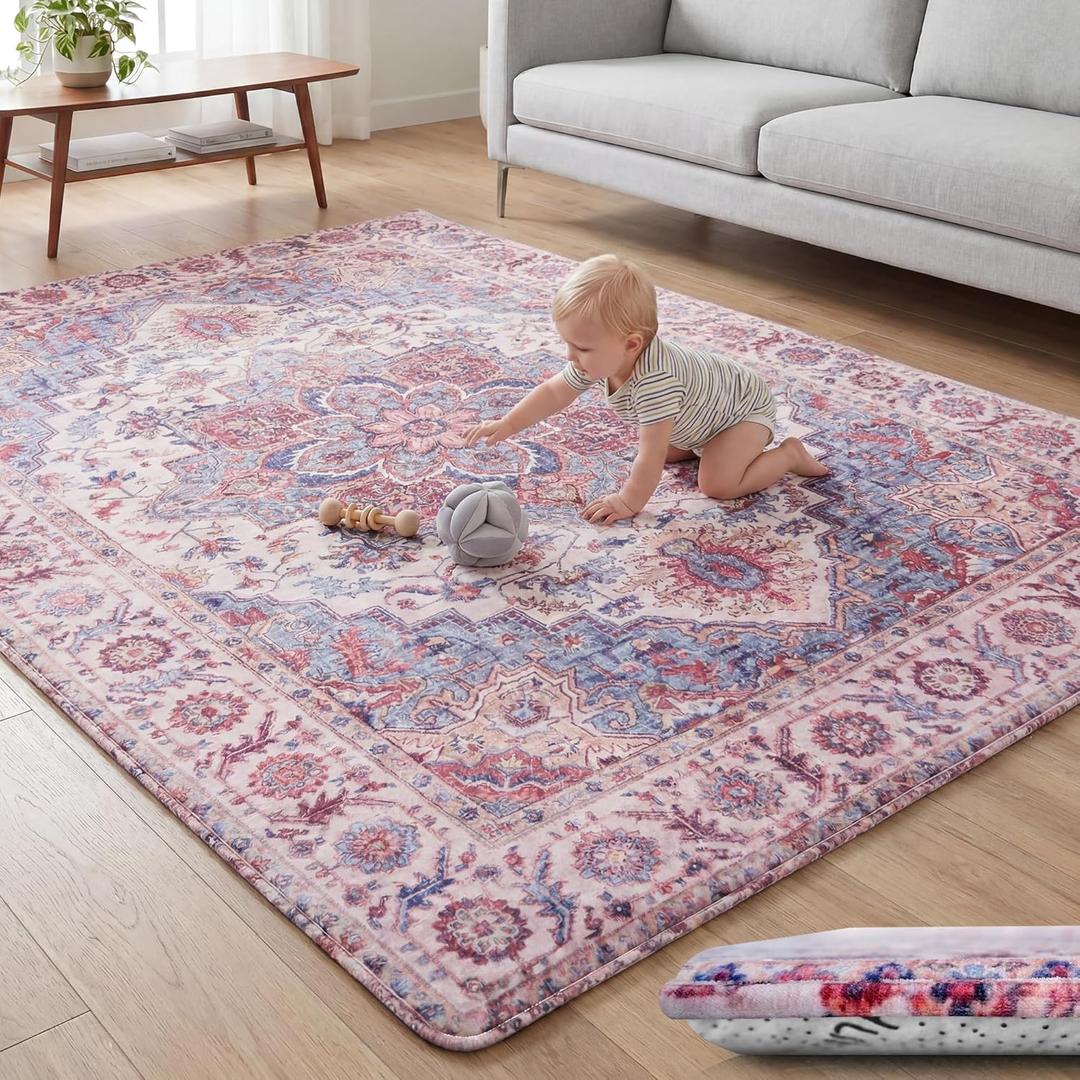 Huloo Sleep Baby Play Mat for Floor - 79x118 Inches 1.3" Thick Elasti-Foam Playpen Mat for Toddlers Infant Kids, Water-Repellent Nursery Rug, Non-Slip Backing for Crawling & Tummy Time, Isfahan