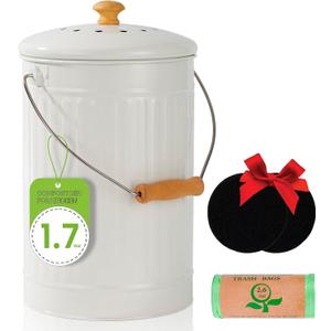 1.7 Gallon Kitchen Compost Bin, Indoor Countertop Compost Bin with Lid, 100% Rust Proof Compost Bucket with Non-Smell Charcoal Filters (White)