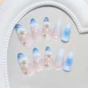 MISUD Press on Nails - Medium Almond Glue on Nails with Summer Blue, Acrylic Handmade Flower Design 24 pcs